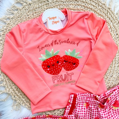 Linha Praia 3 Peças - Blusa Manga Longa Fruit, Short e Calcinha com Proteção UV50+ - Vermelho